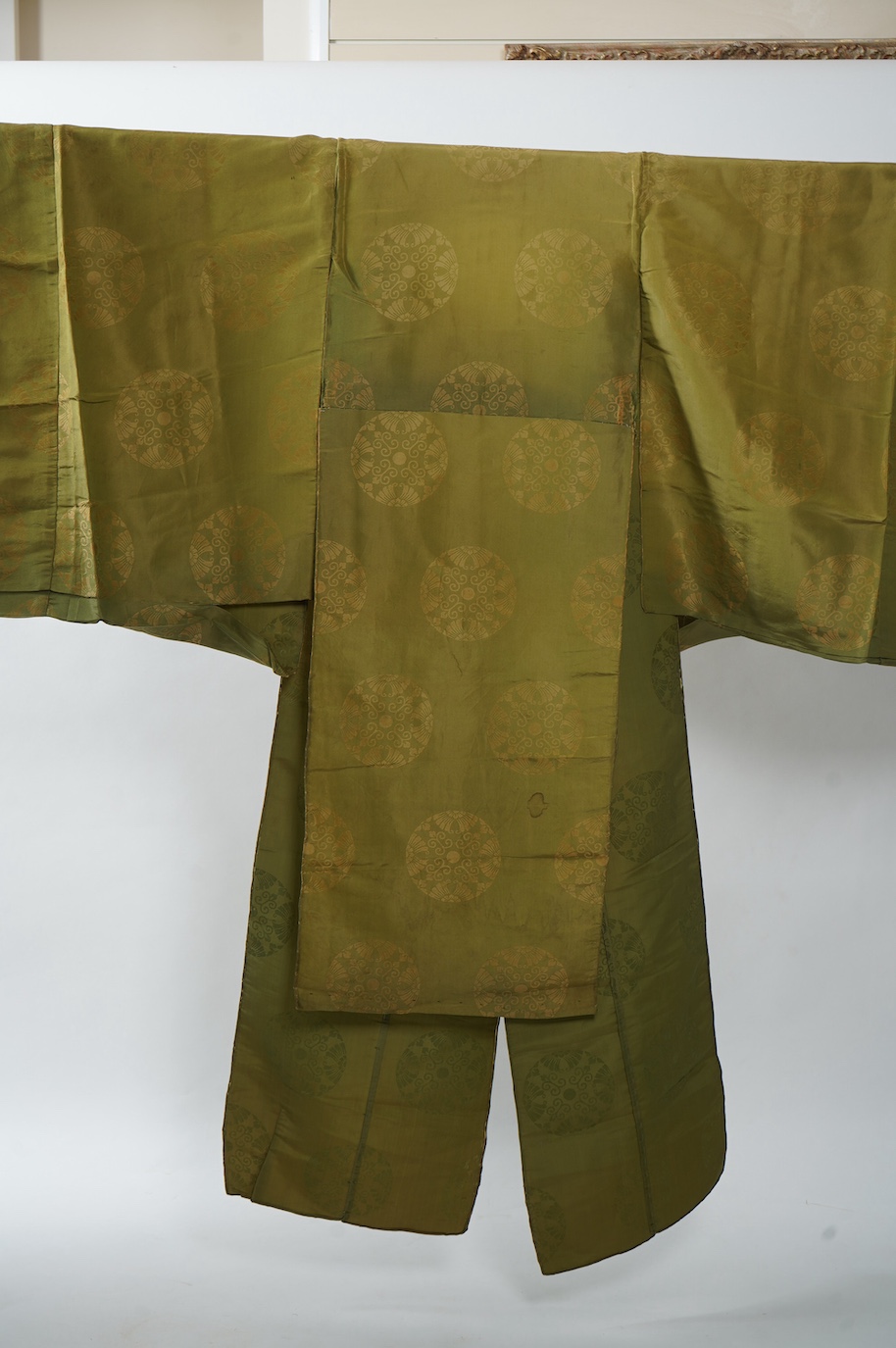 Two 1880-1920 Japanese green silk damask Kariginu, ‘hunting cloth’ robes, worn not as ‘hunting robes’ at this period, but as day wear for high ranking male Imperial Court nobles, traditionally worn with a sash at the wai